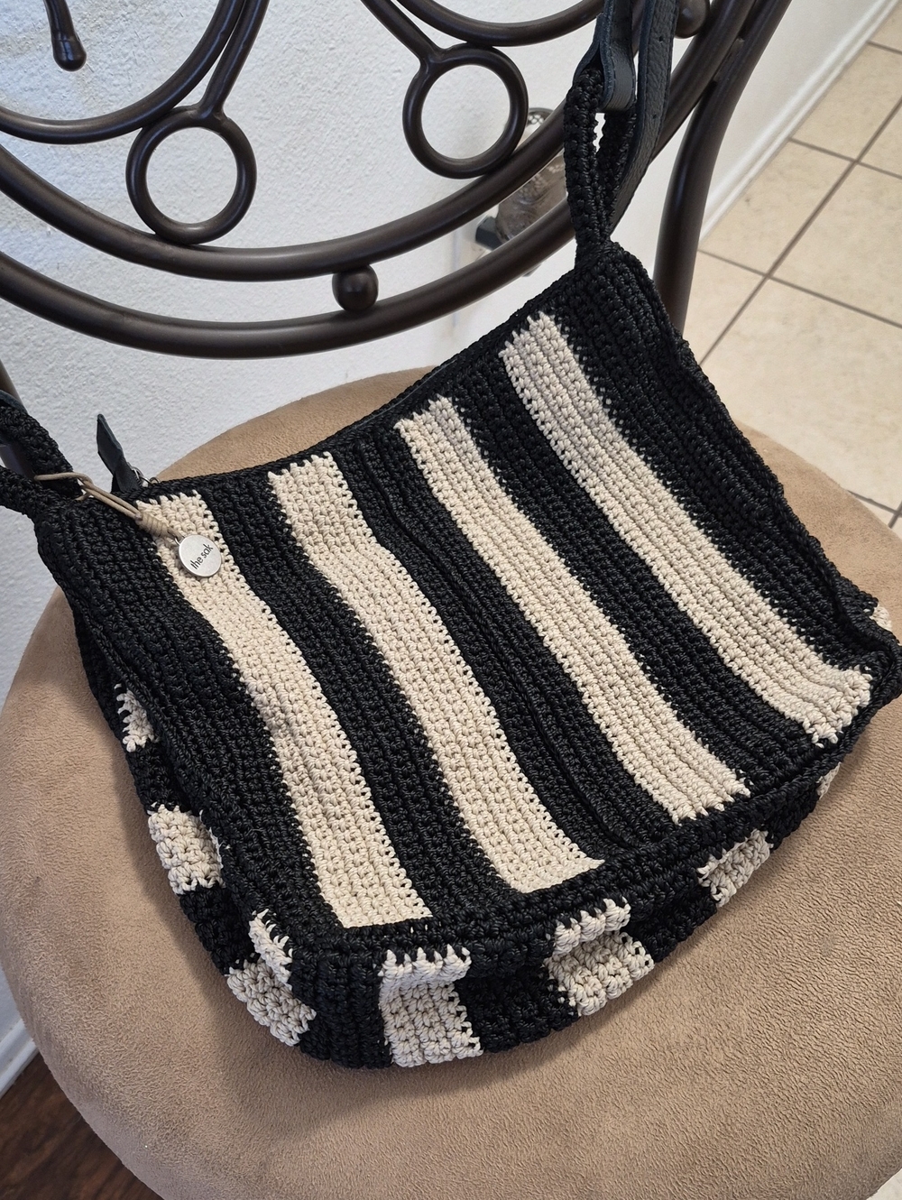 The Sak Black & Cream Striped Crochet Shoulder Bag With Soft Leather Strap